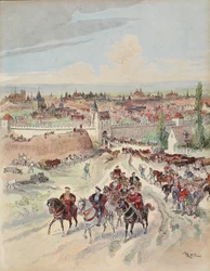 Francesco I ispeziona i lavori sulle mura di Parigi, illustrazione da 